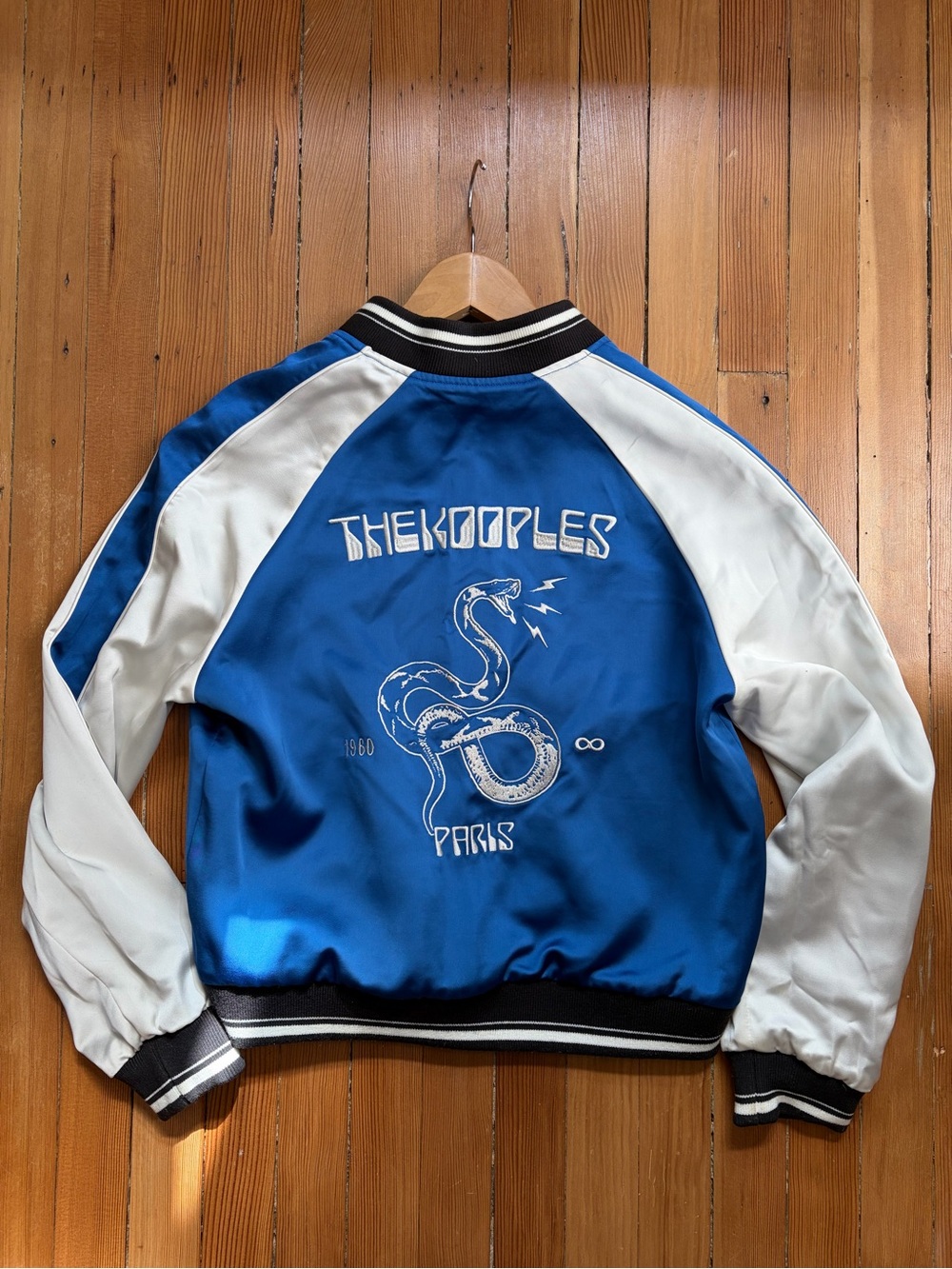 The Kooples Royal Blue & White Reversable Satin Snake-Embroidered Bomber